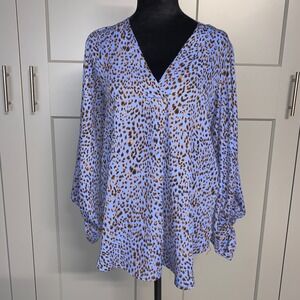 Adrienne Leopard Print V Neck Long Sleeve Blouse Tunic Top Womens‎ Small Relaxed